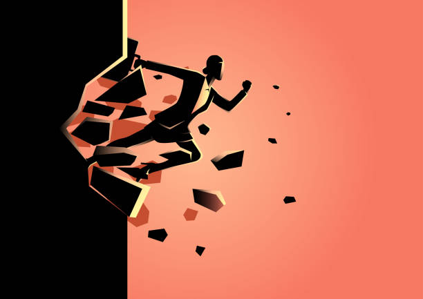 Businesswoman breaking the wall Silhouette illustration of a businesswoman jump breaking the wall. Business, breakthrough, success, challenge concept discovery stock illustrations