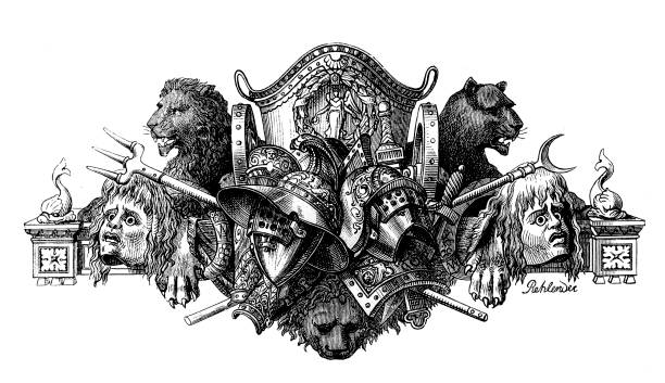 ilustrações de stock, clip art, desenhos animados e ícones de gladiators weapons and armors - ancient rome illustration and painting engraving engraved image