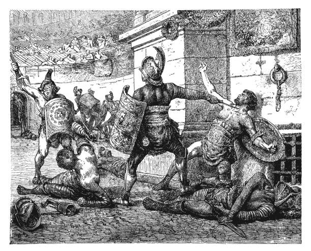 illustrazioni stock, clip art, cartoni animati e icone di tendenza di combattimento dei gladiatori romani - roman mythology illustrations