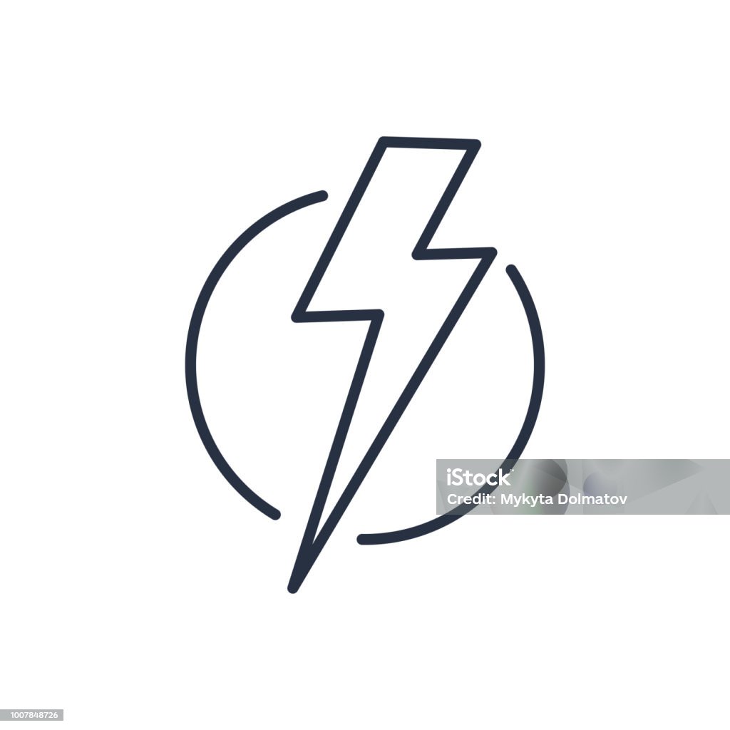 Thunder strike in circle line icon Thunder strike in circle line icon. Electric lightning bolt isolated on white background. Vector illustration in flat style. Weather symbol. Thunderbolt strike sign. Electricity danger attention label Icon Symbol stock vector