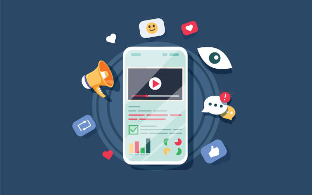 Video on mobile screen, video sharing and marketing flat vector concept with icons Video on mobile screen, video sharing and marketing flat vector concept with icons. Create video content and make money. Vector illustrate. Audit report and marketing data analysis concept. Website digital display stock illustrations