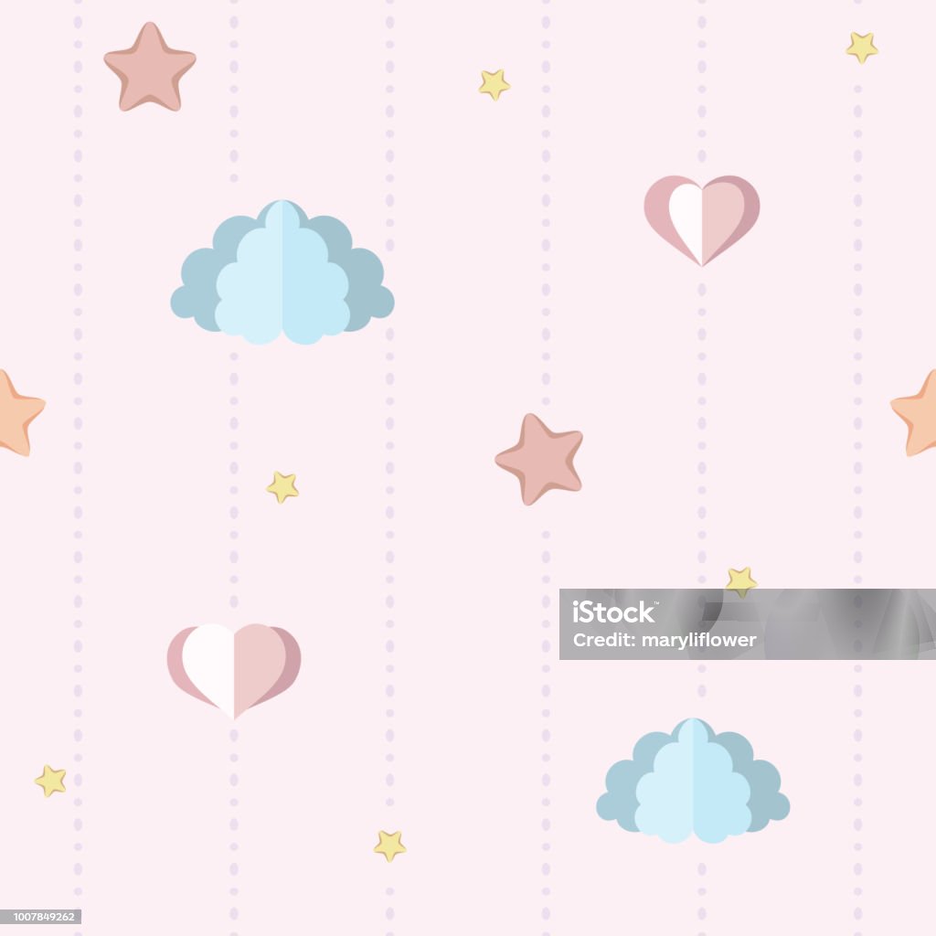 Cute Nursery Childrens Bedroom Wallpaper With Paper Clouds Stars And Hearts  Seamless Pink Pattern With Dotted Stripes Flat Decorative Background Pastel  And Soft Colors Vector Illustration Stock Illustration - Download Image Now  -