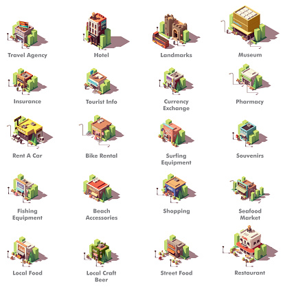 Vector isometric travel and tourism icons representing different tourism related buildings and facilities – hotel, local landmarks, museum, travel and insurance agencies, currency exchange, shops, car rental, restaurants and other