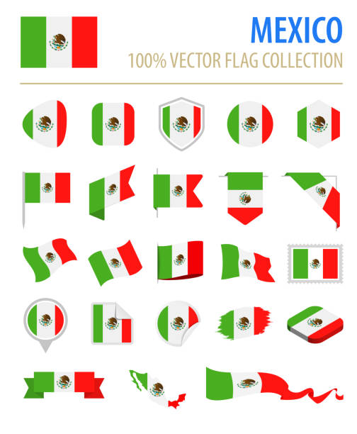meksiko - flag icon flat vector set - bendera meksiko ilustrasi stok