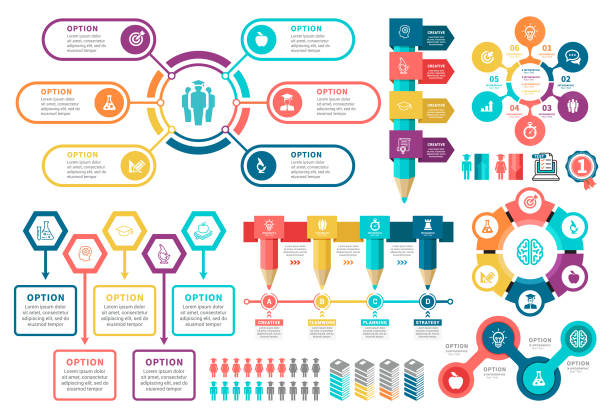 illustrazioni stock, clip art, cartoni animati e icone di tendenza di elementi infografici per l'istruzione - old fashioned desk student book