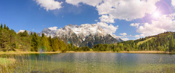 istock Panoramic scene in Bavaria with Karwendel mountains mirroring in lake 1007915680