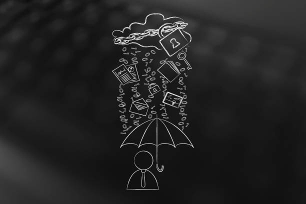 user with umbrella under binary code rain, data breach protection stock photo