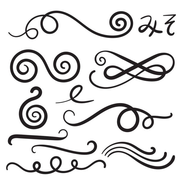 swoosh curls swash swish z bazgrołami i squiggle swooshes, swashes - swishes - whoosh stock illustrations