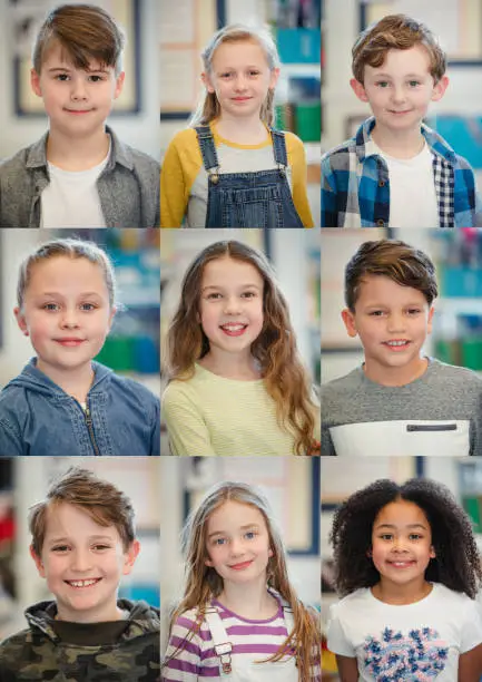 Nine elementary school children (who are all wearing casual clothing) pose for headshots, these have then been arranged into a 3x3 montage format. This is a school in Hexham, Northumberland in north eastern England.