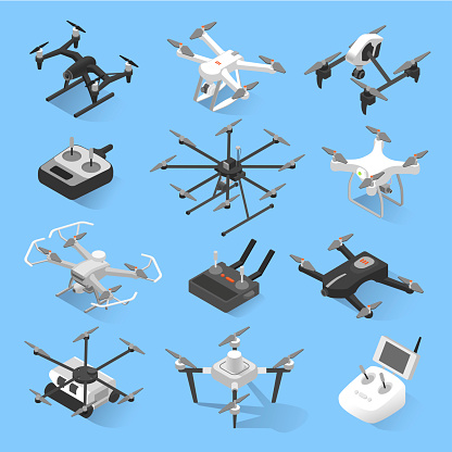 Drones and quadrocopters. Small remote-controlled aircrafts, helicopters, with four blades to film or photograph from the air. Vector flat style cartoon illustration isolated on white background