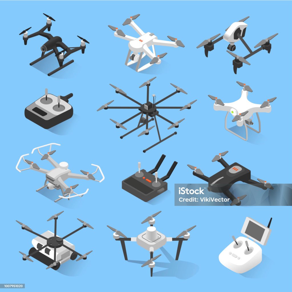 Drones and quadrocopters Drones and quadrocopters. Small remote-controlled aircrafts, helicopters, with four blades to film or photograph from the air. Vector flat style cartoon illustration isolated on white background Drone stock vector