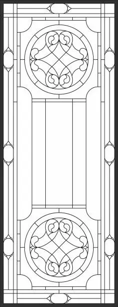 Vector illustration of Outline sketch of stained-glass panel in a rectangular frame, abstract floral arrangement of buds and leaves in the art Nouveau style. Decorative design of the window or door. Vector template