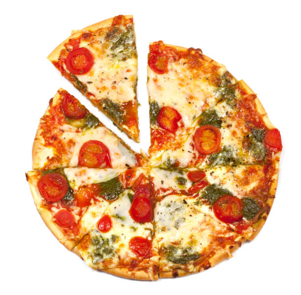 istock Sliced italian pizza with one slice cut out high angle view 1007957060