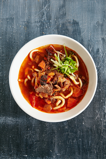 Lagman or Laghman is a Central Asian Dish of Pulled Homemade Noodles, Prepared from a Stringy Dough with a Special Recipe. Traditional Thick Warming Beef Soup is Popular in Uzbekistan and Kazakhstan