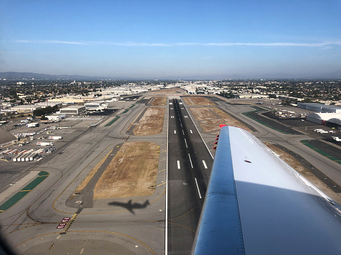 Plane selfie during take off at Burbank airport in San Fernando Vally of Los Angeles, CA