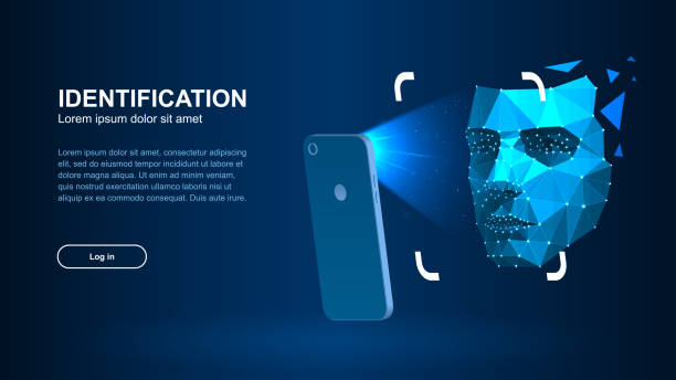 Identification of a person through the system of recognition of a human face. Identification of a person through the system of recognition of a human face. The smartphone scans a person's face forming a polygonal mesh consisting of lines and dots. Vector illustration. face scan stock illustrations