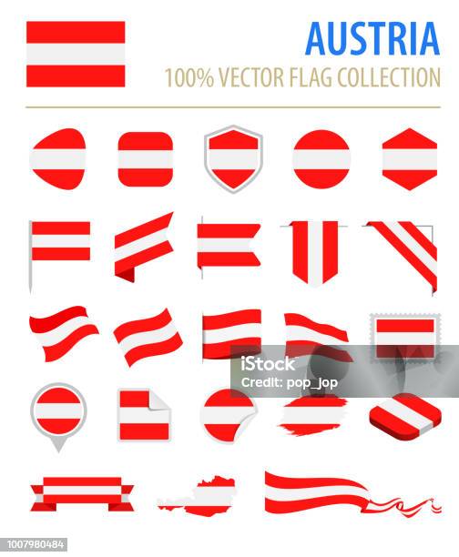 Austria Flag Icon Flat Vector Set Stock Illustration - Download Image Now - Austrian Flag, Abstract, Austria