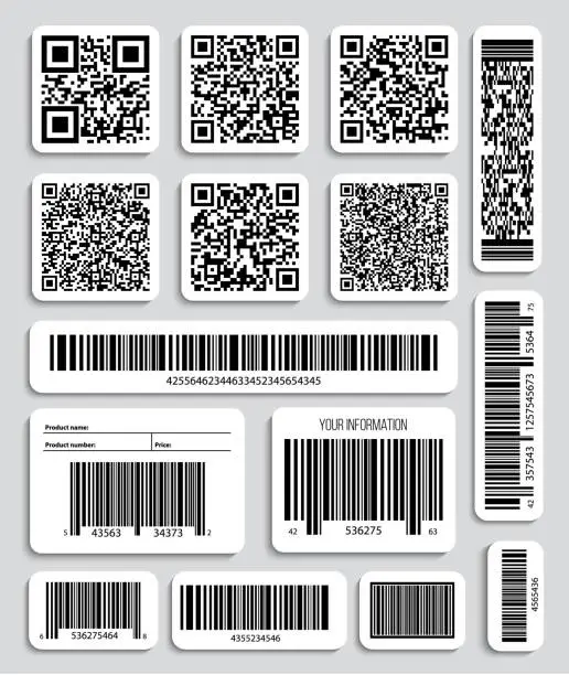 Vector illustration of Creative vector illustration of QR codes, packaging labels, bar code on stickers. Identification product scan data in shop. Art design. Abstract concept graphic element