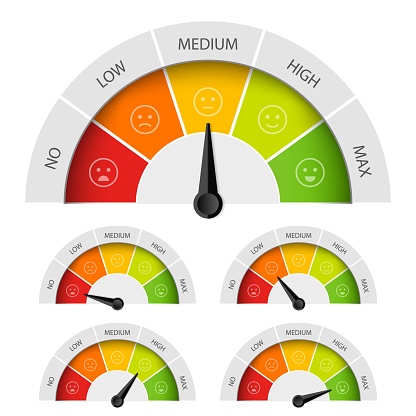Creative vector illustration of rating customer satisfaction meter. Different emotions art design from red to green. Abstract concept graphic element of tachometer, speedometer, indicators, score.