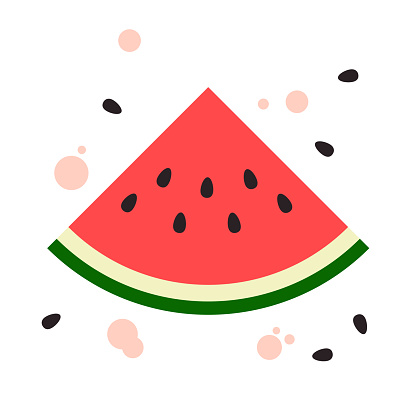 Illustration of watermelon with some loose seeds and juice drips