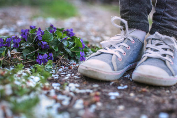 istock Child's sneackers near violet flowers 1007990448
