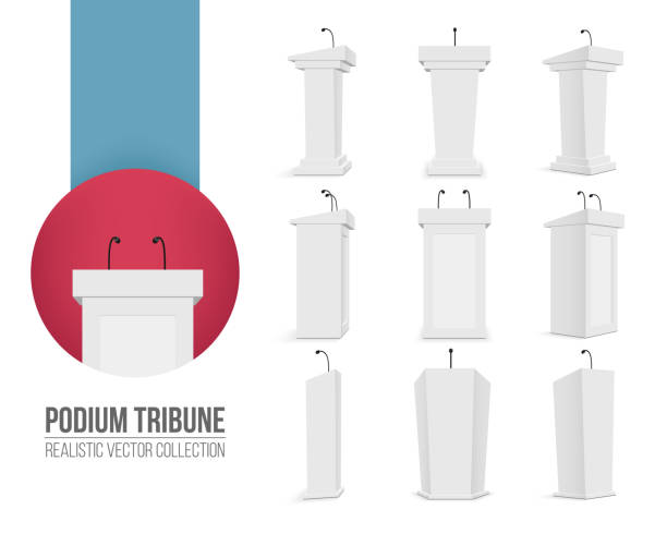 Creative vector illustration of podium tribune with microphones isolated on transparent background. Art design rostrum stands. Abstract concept graphic element for business presentation, conference Creative vector illustration of podium tribune with microphones isolated on transparent background. Art design rostrum stands. Abstract concept graphic element for business presentation, conference. tribune tower stock illustrations