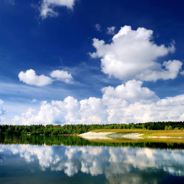 kolorowy krajobraz z jeziorem i lasem. łotwa - cumulus cloud lake water forest zdjęcia i obrazy z banku zdjęć
