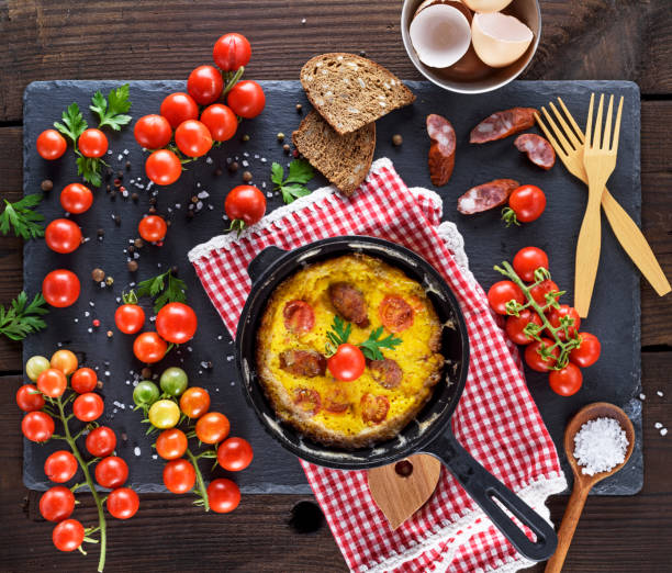 istock black round frying pan with fried omelette 1008000978