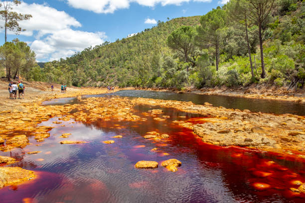 Huelva, Spain. July 4, 2018. The Rio Tinto is a river from Huelva, Spain. It has a unique red and orange colour; it is derived from the chemical makeup of the river. People visit the river and take photos.