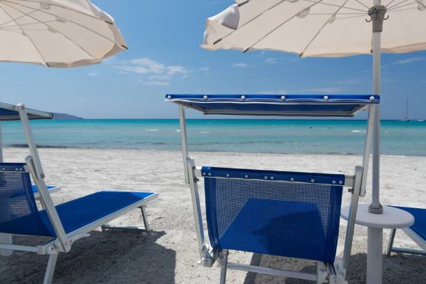 istock Beach loungers, sun parasol, beach and turquoise sea 1008002332