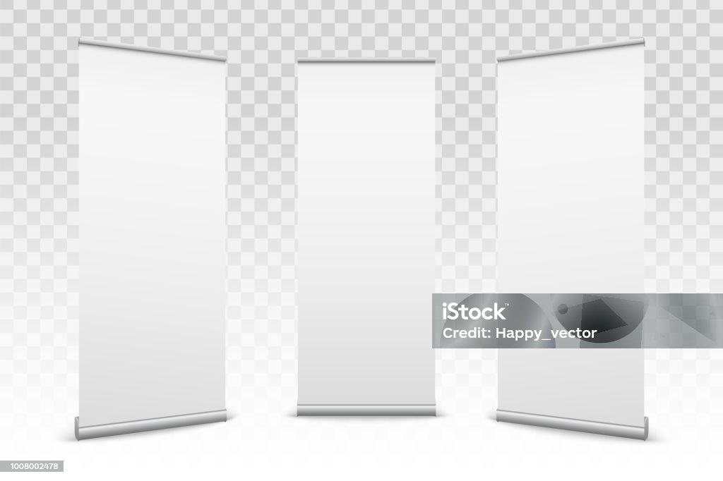 Creative vector illustration of empty roll up banners with paper canvas texture isolated on transparent background. Art design blank template mockup. Concept graphic promotional presentation element Creative vector illustration of empty roll up banners with paper canvas texture isolated on transparent background. Art design blank template mockup. Concept graphic promotional presentation element. Roll Up Banner stock vector