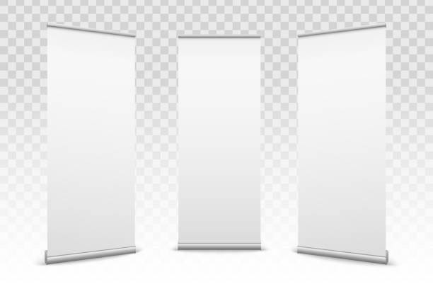Creative vector illustration of empty roll up banners with paper canvas texture isolated on transparent background. Art design blank template mockup. Concept graphic promotional presentation element Creative vector illustration of empty roll up banners with paper canvas texture isolated on transparent background. Art design blank template mockup. Concept graphic promotional presentation element. banner sign stock illustrations