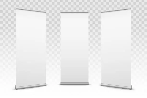 Vector illustration of Creative vector illustration of empty roll up banners with paper canvas texture isolated on transparent background. Art design blank template mockup. Concept graphic promotional presentation element