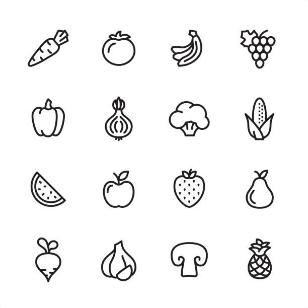 illustrazioni stock, clip art, cartoni animati e icone di tendenza di frutta e verdura - set di icone contorno - corn fruit vegetable corn on the cob