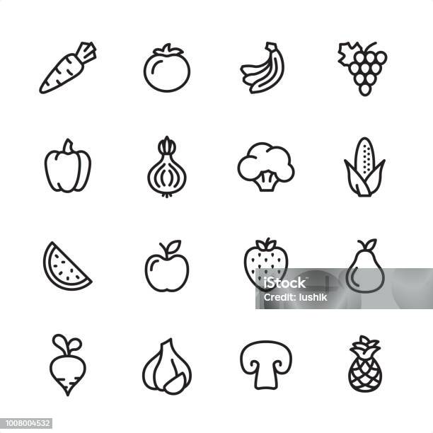 Fruits And Vegetables Outline Icon Set Stock Illustration - Download Image Now - Icon Symbol, Fruit, Vegetable