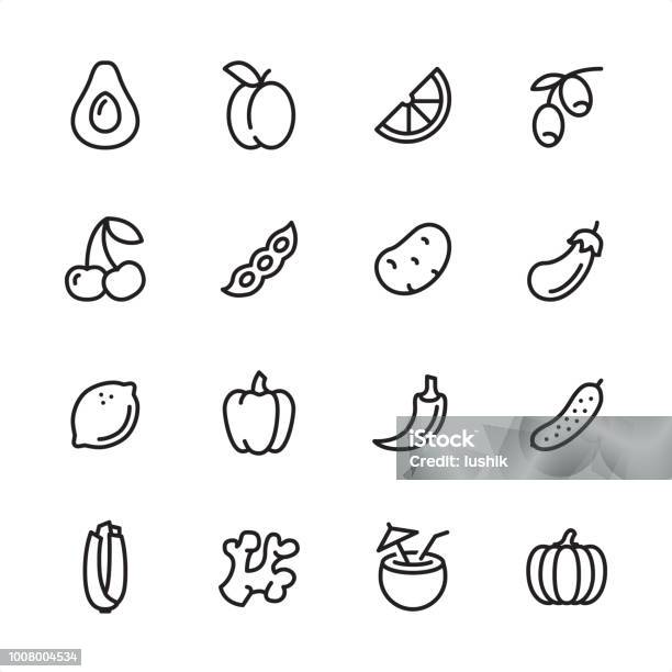 Vegan Food Outline Icon Set - Arte vetorial de stock e mais imagens de Símbolo de ícone - Símbolo de ícone, Limão, Abacate