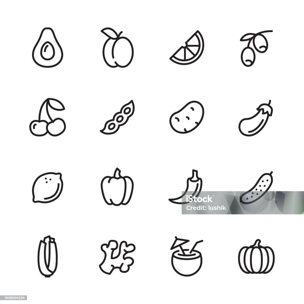 Vegan Food - outline icon set 16 line black on white icons / Set #60
Pixel Perfect Principle - all the icons are designed in 48x48pх square, outline stroke 2px.

First row of outline icons contains: 
Avocado, Plum (Apricot), Orange Slice, Olive Branch;

Second row contains: 
Cherry, Green Pea, Potato, Eggplant;

Third row contains: 
Lemon, Bell Pepper, Chili Pepper, Cucumber; 

Fourth row contains: 
Celery, Ginger, Coconut Cocktail, Pumpkin. Icon Symbol stock vector