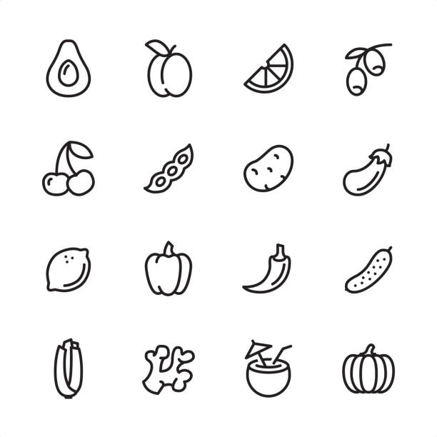 Vegan Food - outline icon set 16 line black on white icons / Set #60
Pixel Perfect Principle - all the icons are designed in 48x48pх square, outline stroke 2px.

First row of outline icons contains: 
Avocado, Plum (Apricot), Orange Slice, Olive Branch;

Second row contains: 
Cherry, Green Pea, Potato, Eggplant;

Third row contains: 
Lemon, Bell Pepper, Chili Pepper, Cucumber; 

Fourth row contains: 
Celery, Ginger, Coconut Cocktail, Pumpkin. olive fruit stock illustrations