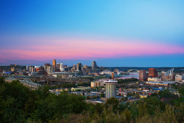Cincinnati Skyline With Bridges, River, During Dusk With Pink Clouds Downtown Cincinnati skyline view with Ohio River, bridges, and Covington, Kentucky in the foreground, and a blue sky with pink clouds in the background. ohio river photos stock pictures, royalty-free photos & images