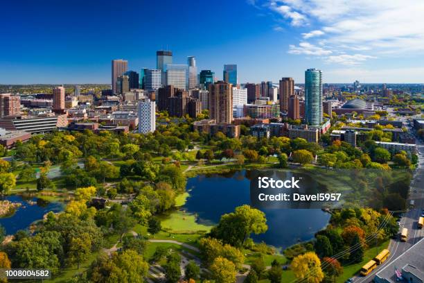 Minneapolis Skyline Aerial With Park And Lake Stock Photo - Download Image Now - Minneapolis, Minnesota, City