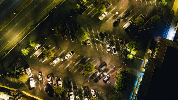 parking lot - street light parking lot night lot imagens e fotografias de stock