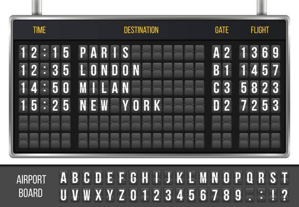 istock Creative vector illustration of realistic flip scoreboard, arrival airport board with alphabet, numbers isolated on transparent background. Art design. Analog timetable font. Concept graphic element 1008005552