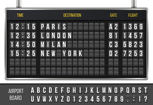 Creative vector illustration of realistic flip scoreboard, arrival airport board with alphabet, numbers isolated on transparent background. Art design. Analog timetable font. Concept graphic element.