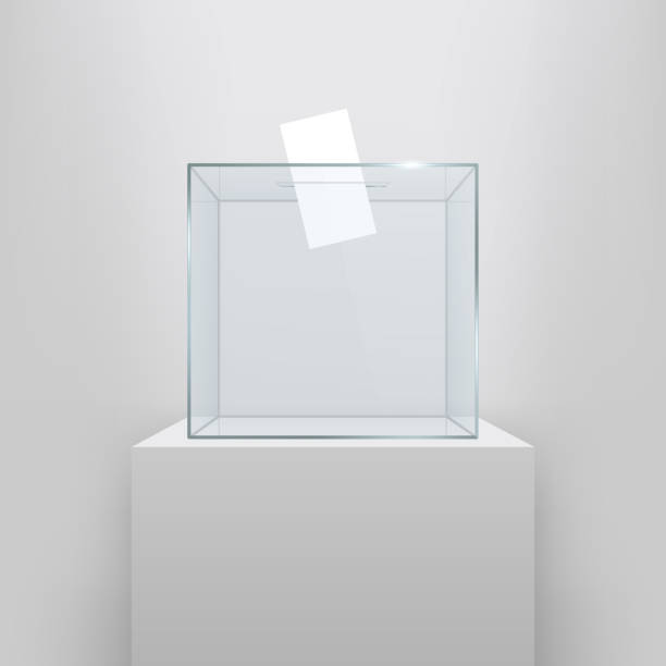 illustrations, cliparts, dessins animés et icônes de illustration de vecteur créatif de réaliste urne transparente vide avec papier en trou isolé sur fond de vote. art design verre affaire est sur le socle de musée, scène et podium 3d. graphique de la notion - pedestal museum art museum podium