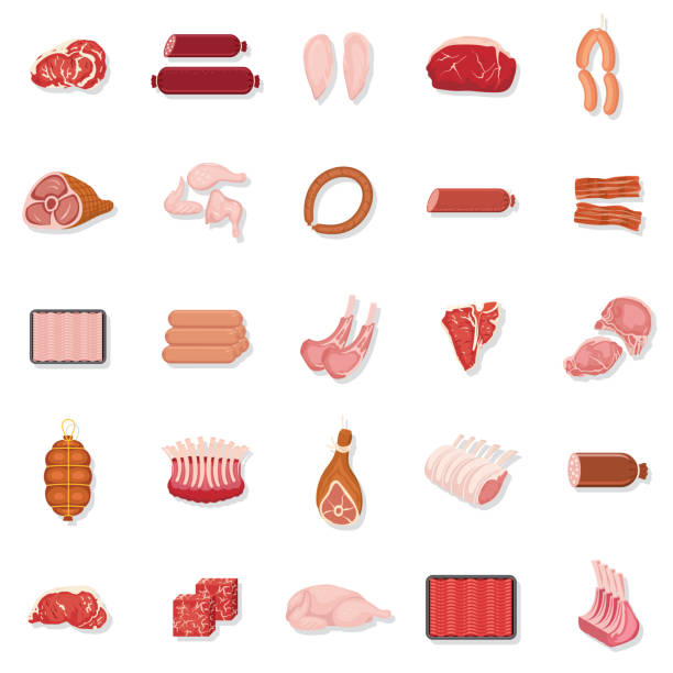 신선한 고기 아이콘 세트 - 스테이크 일러스트 stock illustrations