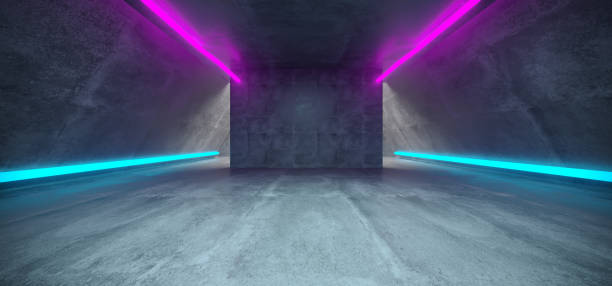 istock Futuristic Sci Fi Concrete Long Triangle Shaped Tunnel With Purple And Blue  Glowing Neon Line Signs Inside Empty Space 3D Rendering 1008009084