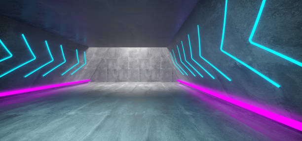 istock Futuristic Sci Fi Concrete Long Triangle Shaped Tunnel With Purple Glowing Neon Signs And Blue Arrows Inside Empty Space 3D Rendering 1008009110