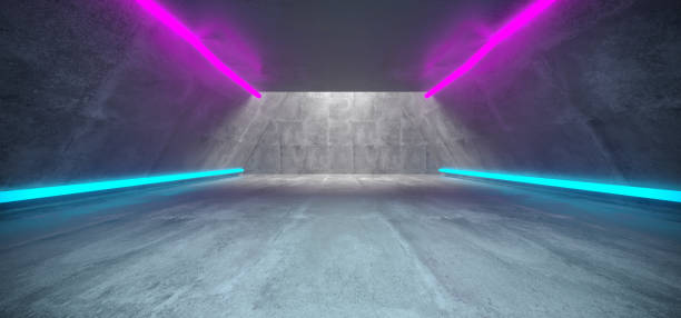 istock Futuristic Sci Fi Concrete Long Triangle Shaped Tunnel With Purple And Blue  Glowing Neon Line Signs Inside Empty Space 3D Rendering 1008009180