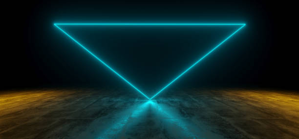 istock Futuristic Sci Fi Blue Neon Triangle Tube Glowing On Dark Concrete Reflective Surface With Orange Lights And Empty Space 3D Rendering 1008009450