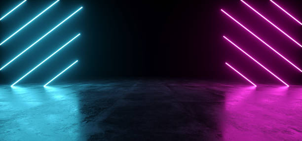 istock Futuristic Sci Fi Purple And Blue Neon Tubes Glowing On Dark Concrete Reflective Surface With Empty Space In The MIddle 3D Rendering 1008009548